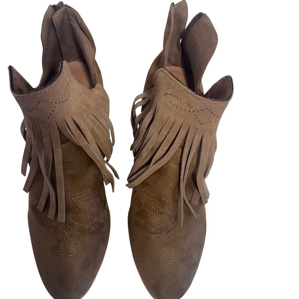 Ariat Brown Faux Suede Fringe‎ Western Ankle Boots Women 9.5 Block Heel Booties